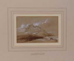 Attributed to James Wilson Carmichael watercolour and pencil drawing of Bamburgh Castle, 14 x 22cm