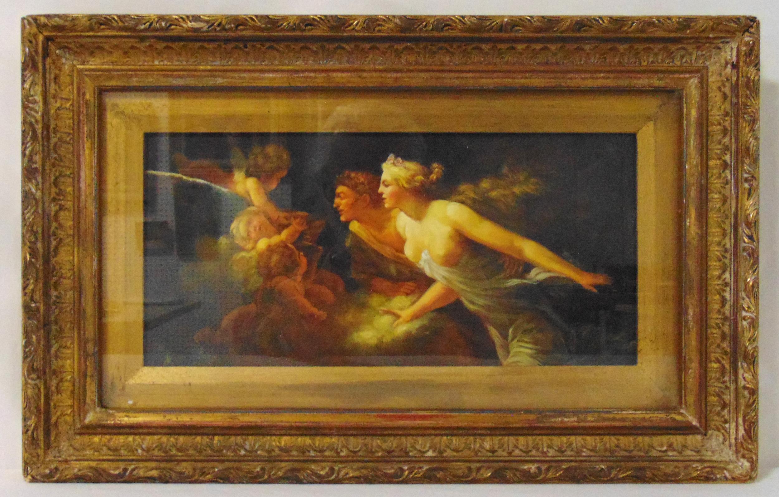 A 19th century framed and glazed oil on panel of angels and cherubs, 13.5 x 29cm