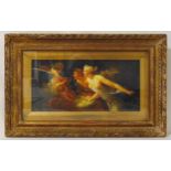 A 19th century framed and glazed oil on panel of angels and cherubs, 13.5 x 29cm