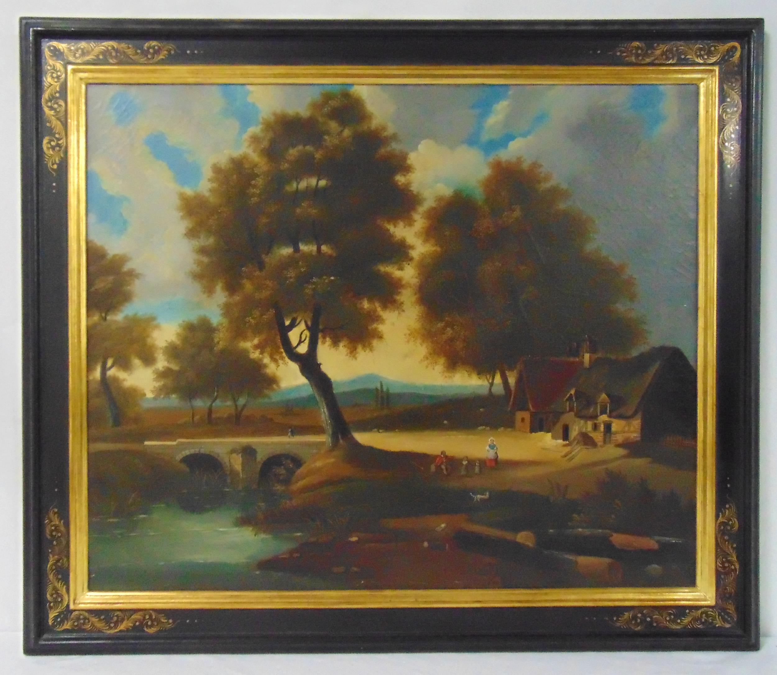 A 19th century framed oil on canvas of figures by a cottage and a river in the na‹ve style, 52.5 x