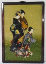 A framed oriental reverse painted polychromatic painting on glass of Geishas in a snow storm, 65 x