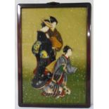 A framed oriental reverse painted polychromatic painting on glass of Geishas in a snow storm, 65 x