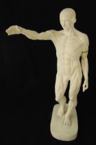 A plaster model of a classical nude displaying his musculature on raised oval plinth, 74cm (h)