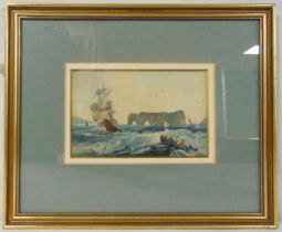 A framed and glazed 19th century English school watercolour of a sailing ship in rough seas, 11.5