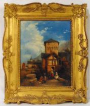 A 19th century continental school oil on canvas of town buildings with figures in the foreground, 32