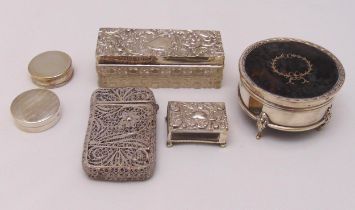 A quantity of hallmarked silver and white metal to include a dressing table box with tortoiseshell