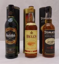 Glenfiddich 12 year old Special Reserve 70cl 40%, Bells 8 year old 70cl 40% tubed and Tomatin 10