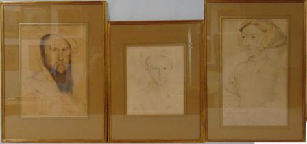 Three framed and glazed prints by Holbein to include Jane Seymour, Thomas Wyatt and Edward Prince of