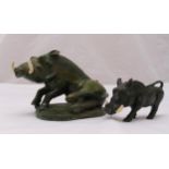Two carved Nephrite figurines of warthogs with faux ivory tusks, tallest 12cm (h)