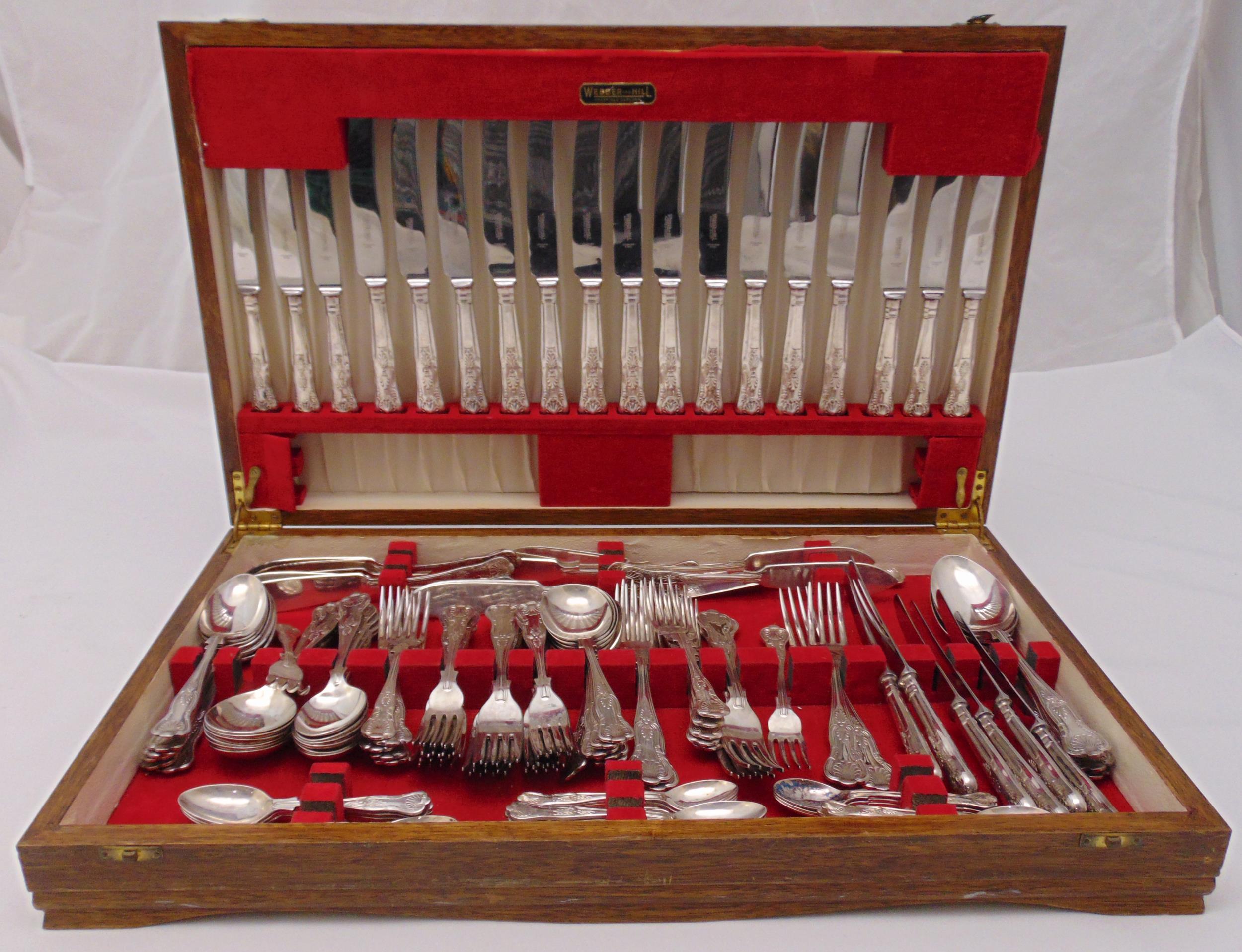 A Webber and Hill canteen of Kings pattern silver plated flatware for twelve place settings to