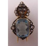 Antique yellow gold, aquamarine and diamond brooch, tested 14ct, approx total weight 9.5g (