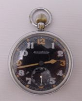 Jaeger LeCoultre WWII military pocket watch, black dial with Arabic numerals and subsidiary
