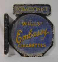 Wills Embassy Cigarettes double sided cast metal tobacconists sign, 55 x 51cm