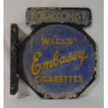 Wills Embassy Cigarettes double sided cast metal tobacconists sign, 55 x 51cm