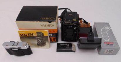 Yashica Mat-124G camera in original packaging, a Voigtlander Colour-Skopar and a Cobra auto 250