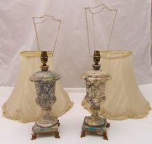 A pair of marble table lamps on marble rectangular plinths with gilt metal claw feet, to include