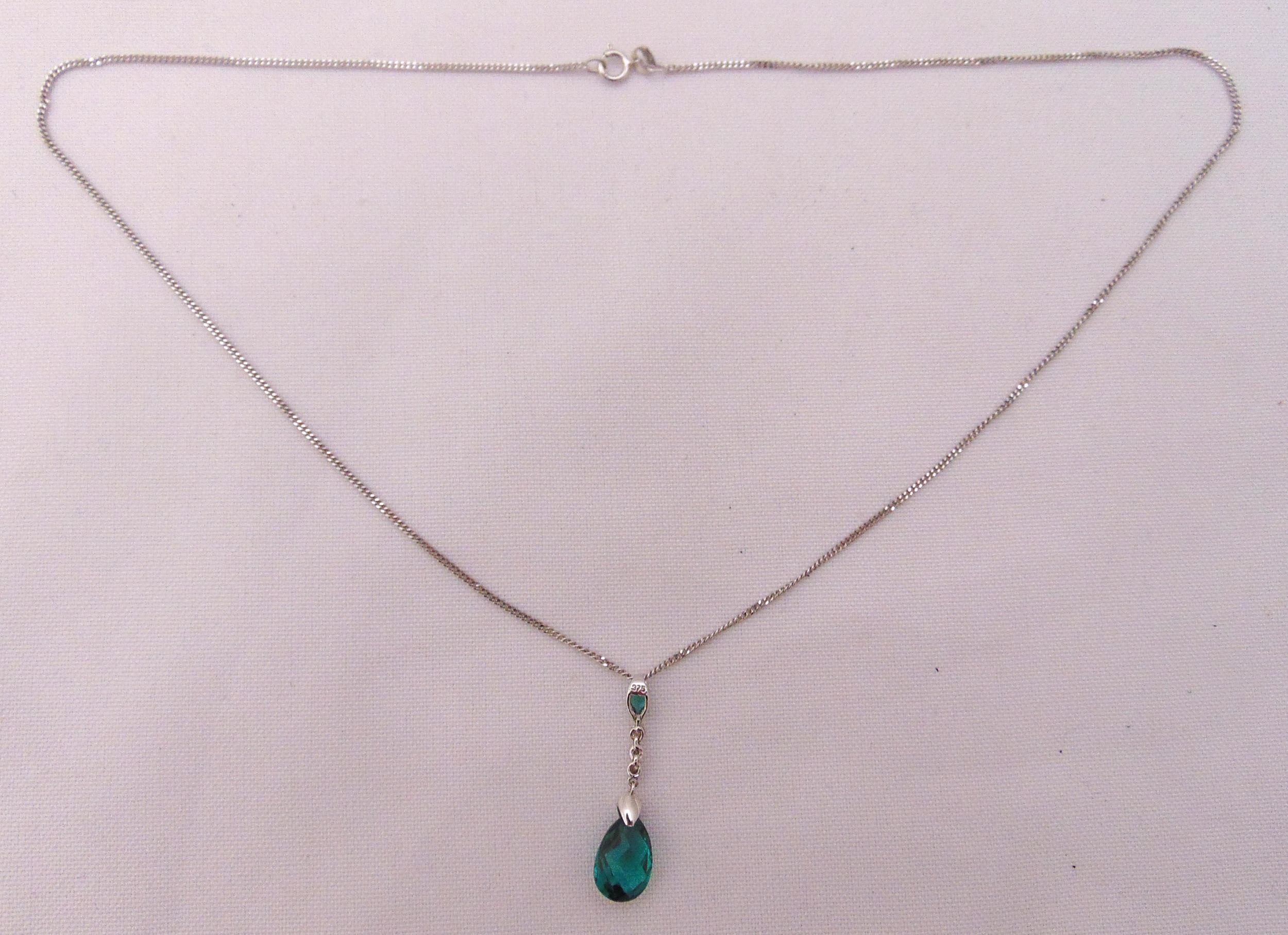 9ct white gold necklace with a coloured stone pendant, approx total weight 3.1g