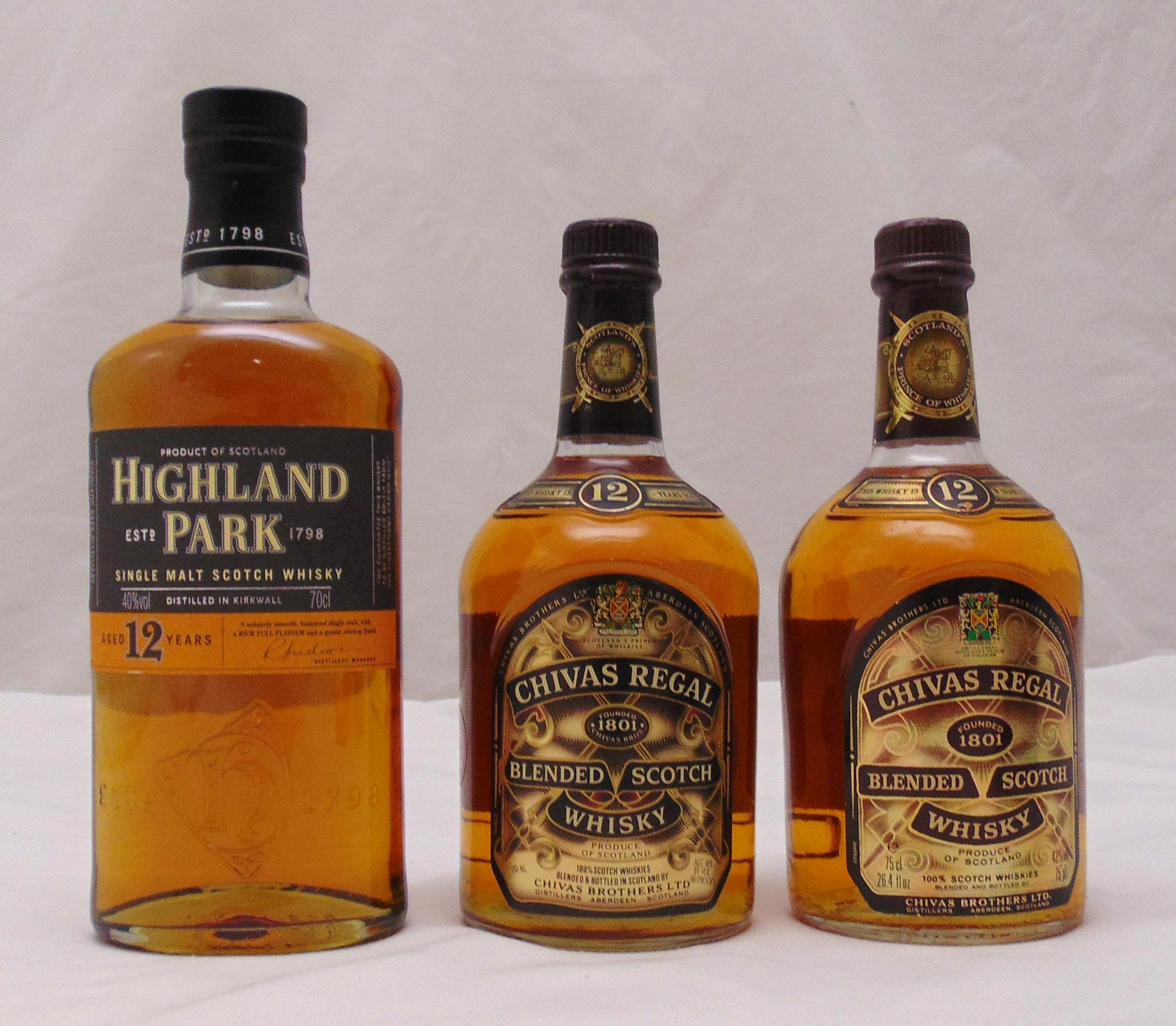 Three bottles of Scotch whisky to include Chivas Regal 12 year old 75cl 43% (75 proof) 1970s, Chivas