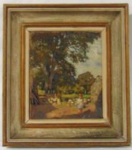 Bernhard Dunstan framed oil on panel titled The Backyard, monogrammed bottom left, 29 x 24cm, ARR
