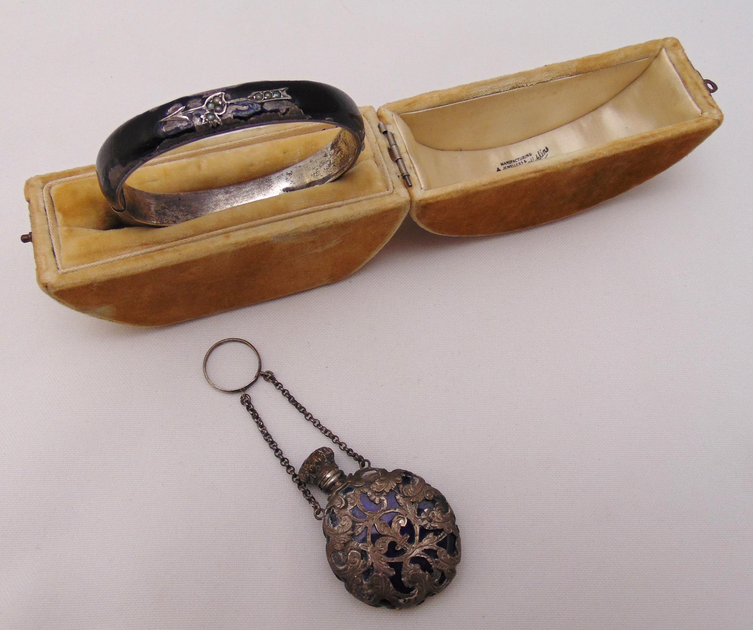 Enamel and silver 19th century mourning bangle in original fitted case and a scent bottle on a
