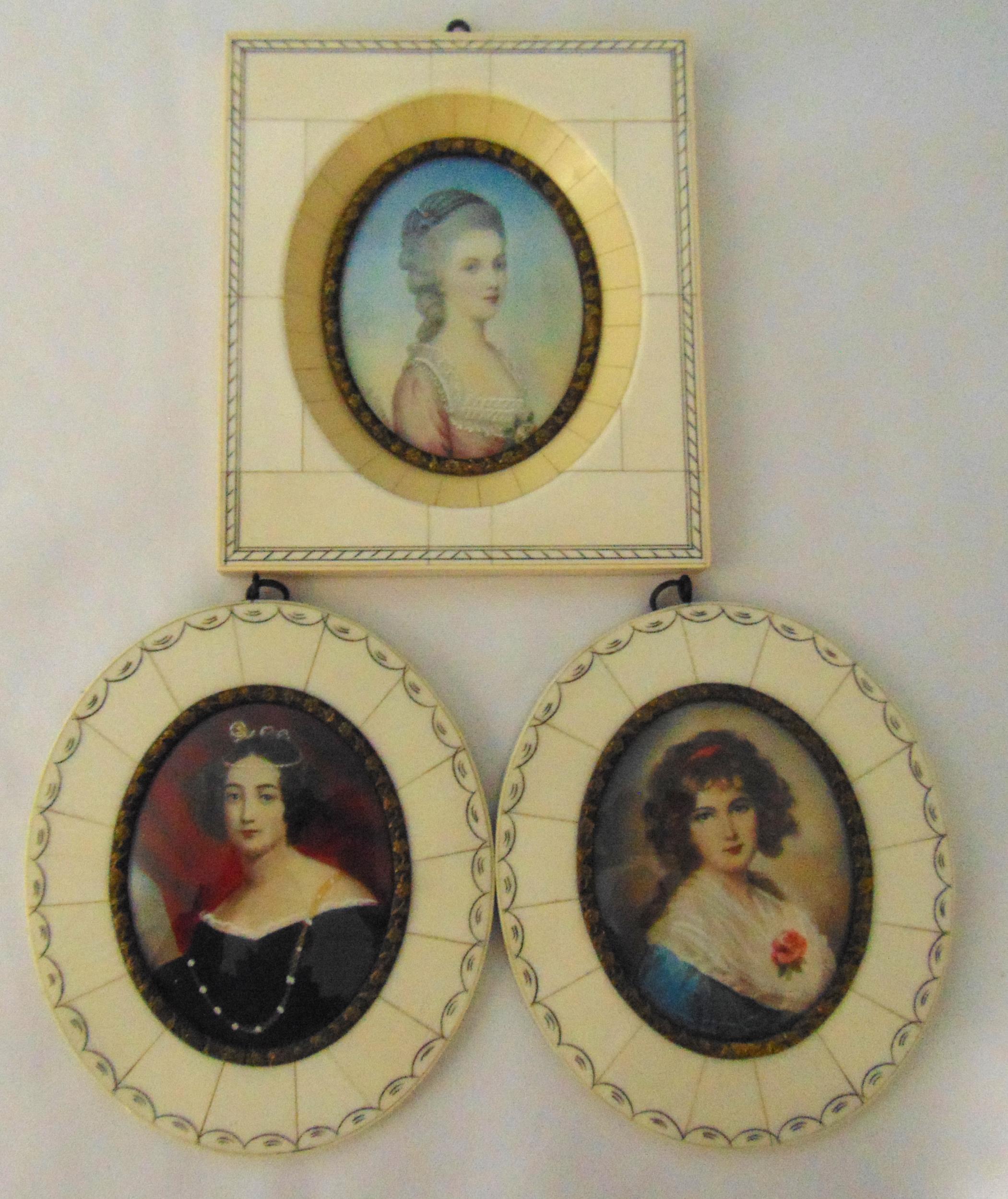 Three framed and glazed portrait miniatures of ladies in 18th century attire