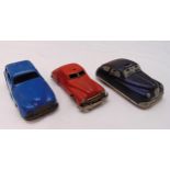 Three vintage tin plate motor cars to include Chad Valley, Harborne and Gama, all play worn
