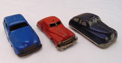 Three vintage tin plate motor cars to include Chad Valley, Harborne and Gama, all play worn