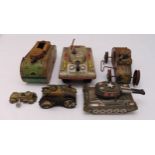 Six vintage litho tin plate military tanks of various size and style, all play worn