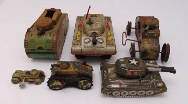 Six vintage litho tin plate military tanks of various size and style, all play worn