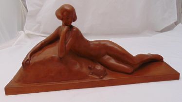 Geo Maxim Art Deco figurine of a recumbent nude female with a tortoise on rectangular base, signed