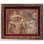 A framed oil on canvas of figures at a fancy dress party, indistinctly signed bottom left,