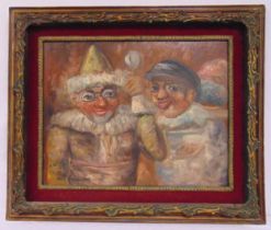 A framed oil on canvas of figures at a fancy dress party, indistinctly signed bottom left,