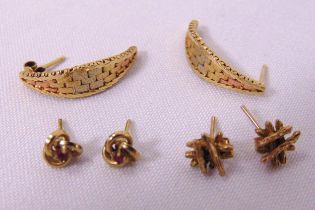 Three pairs of 9ct yellow gold earrings, approx total weight 4.9g