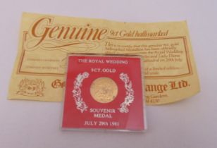 9ct gold Royal Wedding Souvenir medal July 29th 1981 to include COA