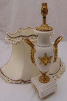 A gilt metal and alabaster vase form table lamp on raised square base to include silk shade, 54cm (