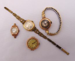 Four 9ct gold ladies pocket watches, two with gold plated bracelets