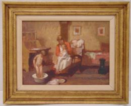 Bernhard Dunstan framed oil on panel titled Bath Time, monogrammed bottom left, 29 x 39cm, ARR
