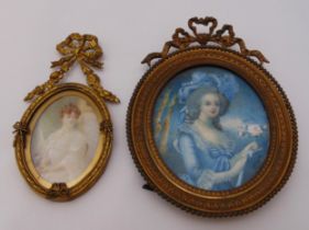 Two framed miniatures of ladies in 18th century costume, 15cm and 13cm (h)