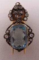Antique yellow gold, aquamarine and diamond brooch, tested 14ct, approx total weight 9.5g