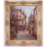 A framed oil on canvas of a Parisienne street scene, indistinctly signed bottom right, 51.5 x 41.