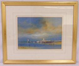 G. Spence framed and glazed oil on board of a continental waterfront scene, signed bottom left, 20.5
