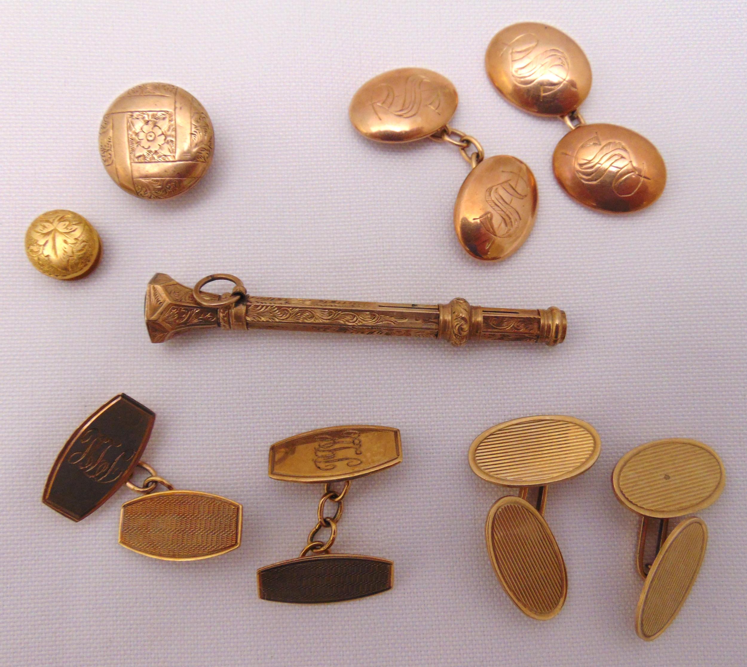 Three pairs of 9ct gold cufflinks, two gold buttons and a miniature gold pencil, approx total weight