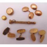 Three pairs of 9ct gold cufflinks, two gold buttons and a miniature gold pencil, approx total weight