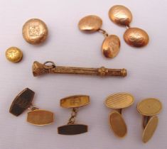 Three pairs of 9ct gold cufflinks, two gold buttons and a miniature gold pencil, approx total weight