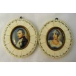 Two oval framed portrait miniatures of Napoleon and Josephine, each 9 x 8cm