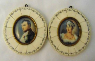 Two oval framed portrait miniatures of Napoleon and Josephine, each 9 x 8cm