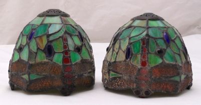 A pair of Tiffany style coloured glass and metal lamp shades, 13 x 14.5cm