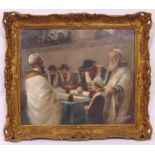 Pescelly framed oil on canvas titled The Barmitzvah, signed bottom right, label to verso, 50 x 61cm