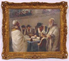Pescelly framed oil on canvas titled The Barmitzvah, signed bottom right, label to verso, 50 x 61cm