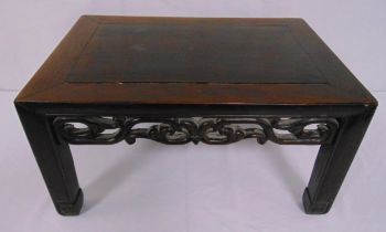 Chinese rectangular carved hardwood tea table on four rectangular legs circa 1880, 25 x 38 x 33.5cm